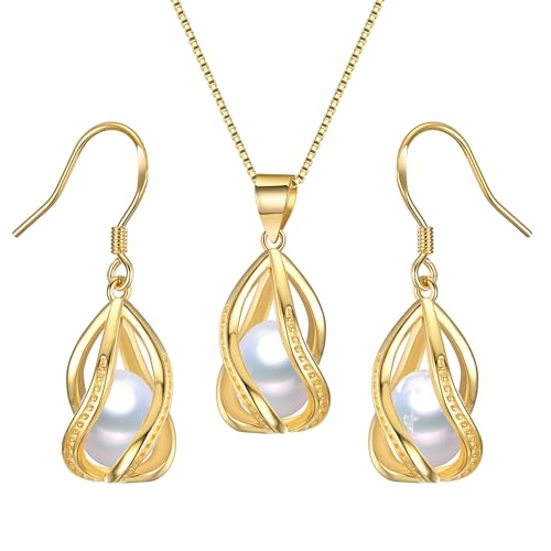 Pearl Jewelry Set For Women S925 Sterling Silver/14K Gold Plated Necklace & Earrings Set Freshwater Pearl Pendant Cage Set for Wedding Anniversary Prom Birthday Gift - color: Golden-White