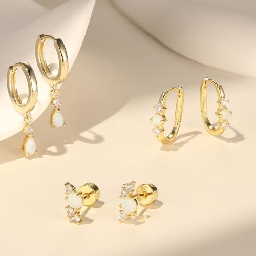 Opal Earrings Set for Women, Birthday Gift for Her, Sterling Silver | 14K Gold Plated, Hypoallergenic S925 Opal Hoop Stud Earrings for Women with Sensitive Ears, Dainty earring Stacks—Trendy Opals Jewelry 2026 - color: Gold Opal Hoop