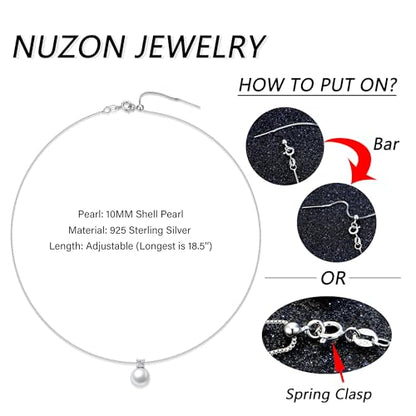 NUZON Sunburst Heart / 2-Tone Interlocking/CZ Evil Eye/Single Pearl/Love Heart Pendant Necklace for Women 14K Gold Chain Necklace Chunky Statement Jewelry - color: Pearl & Solitaire - Silver