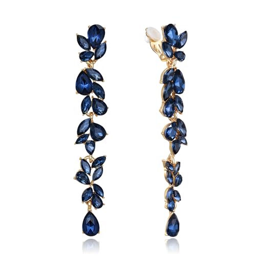 Crysdue Clip On Earrings for Women Rhinestone Crystal Teardrop Cluster Wedding Bridal Non Pierced Long Dangle Earring for Prom Party - color: Sapphire Gold-Tone