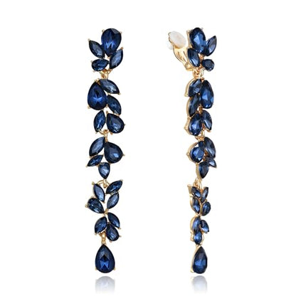 Crysdue Clip On Earrings for Women Rhinestone Crystal Teardrop Cluster Wedding Bridal Non Pierced Long Dangle Earring for Prom Party - color: Sapphire Gold-Tone