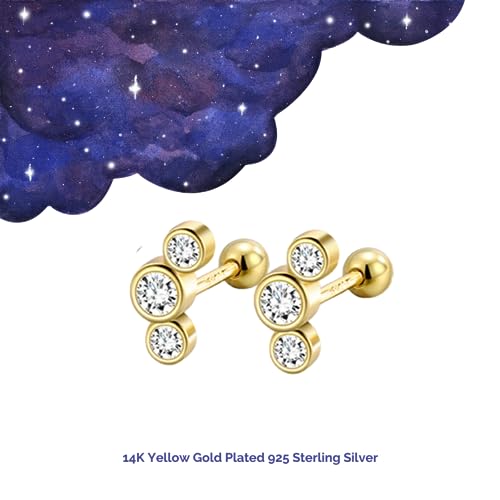 14K Gold Plated Nap Earrings Sterling Silver Ball Bar Bezel Setting CZ Stones Screw Back Hypoallergenic Earrings Everyday Cartilage Helix Parisian Minimalist Piercing Earrings For Women Unisex - color: Triple Lights - YG