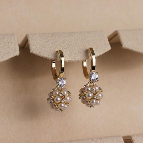 Sonateomber Christmas Tree Dangle Small Gold Hoop Earrings for Women, Cute Sparkly CZ Rhinestone Maple Clover Leaf Drop Earings Thanksgiving Holiday Accessories Fashion Jewelry Gift - color: Pearl White