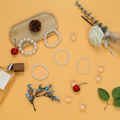 5Pcs White Faux Pearl Bracelet, Bridal Wedding Stackable Bracelets | 5 Size Stretch Bridesmaid Bridal Wedding Stackable Bracelets, Faux Pearl Beaded Bracelet for Ladies/Bridal Wedding Party Gift