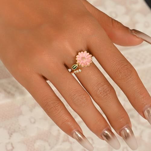 Adjustable Rings for Women 18K Gold Plated daisy Flower Butterfly Ball Cubic Zirconia Rings Dainty Open Stacking Ring - color: Pink Flower-Gold