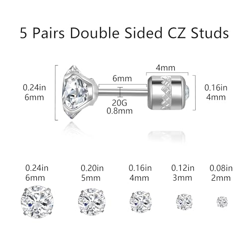 Titanium Surgical Steel CZ Screw Back Stud Earrings Set Hypoallergenic | Cubic Zirconia, Stainless Steel, Mens, Small, Dainty, Silver, Hypoallergenic for Sensitive Ears, Lobe, Cartilage, Helix - color: Round Clear - 2/3/4/5/6mm