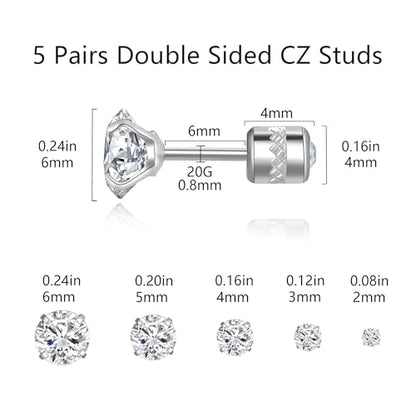 Titanium Surgical Steel CZ Screw Back Stud Earrings Set Hypoallergenic | Cubic Zirconia, Stainless Steel, Mens, Small, Dainty, Silver, Hypoallergenic for Sensitive Ears, Lobe, Cartilage, Helix - color: Round Clear - 2/3/4/5/6mm