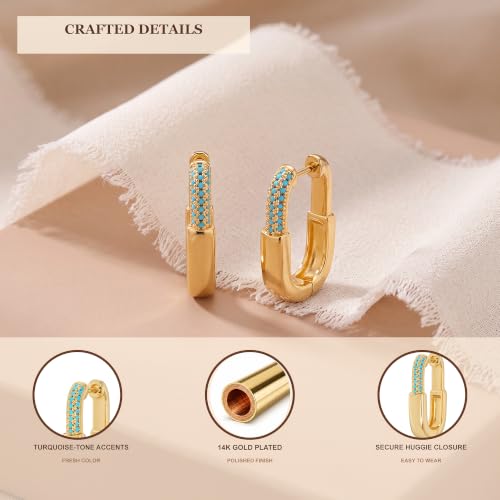 VALLOEY ROVER Chunky Gold Hoop Earrings for Women Hypoallergenic | 14k Gold Plated Small Thick Square Turquoise Cubic Zirconia Huggie Hoop Earrings for Women Fashion Trendy Jewelry Gift - color: Tur Hoop
