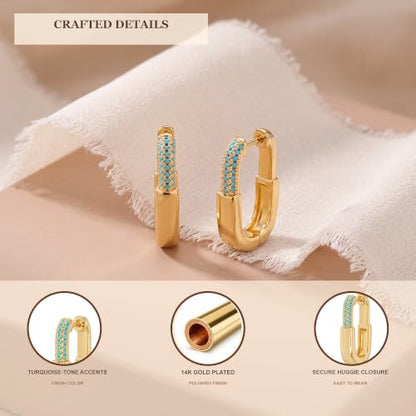 VALLOEY ROVER Chunky Gold Hoop Earrings for Women Hypoallergenic | 14k Gold Plated Small Thick Square Turquoise Cubic Zirconia Huggie Hoop Earrings for Women Fashion Trendy Jewelry Gift - color: Tur Hoop