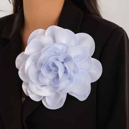 Dainty Satin Fabric Rose Flower Brooches 7.5in Extra Large Big Camellia Flower Brooches Lapel Pins for Women Wedding Party Dance Dress Clothes Accessories - color: White