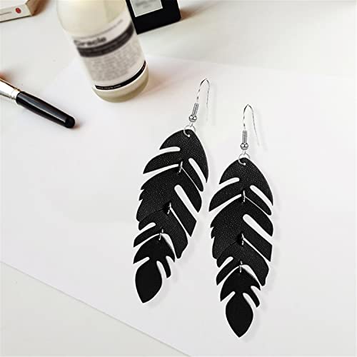 Handmade Unique Lightweight Bohemian Genuine Leather Leaf Dangle Drop Earrings Dainty Sparkly Chain Feather Hook Earring for Women Statement - color: Black