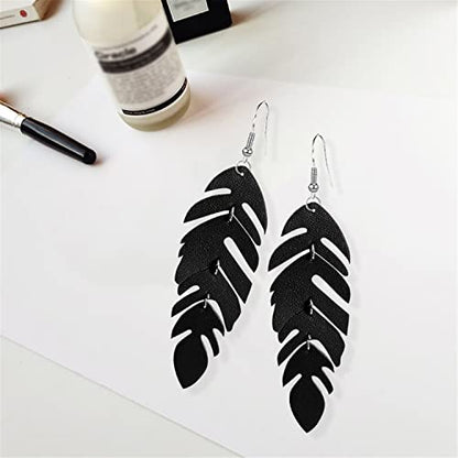 Handmade Unique Lightweight Bohemian Genuine Leather Leaf Dangle Drop Earrings Dainty Sparkly Chain Feather Hook Earring for Women Statement - color: Black
