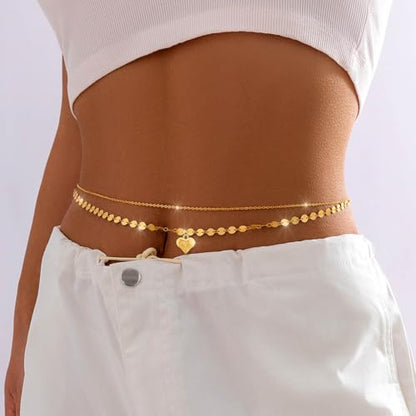 Tgirls Gold Waist Chain for Women Rhinestone Layered Belly Chains Beads Body Chain Heart-Shaped Beach Body Jewelry for Summer - style: Heart