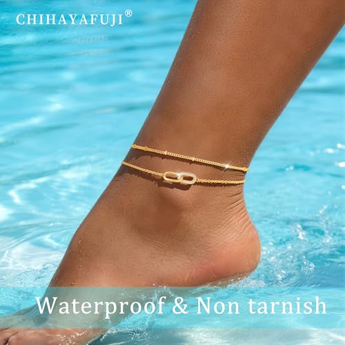 Sterling Silver Ankle Bracelets for Women 14k Gold Plated Waterproof Layered Stackable Bead Chain Infinity Charm Non Tarnish Large Adjustable Summer Party Beach Jewelry Gift - color: goldC