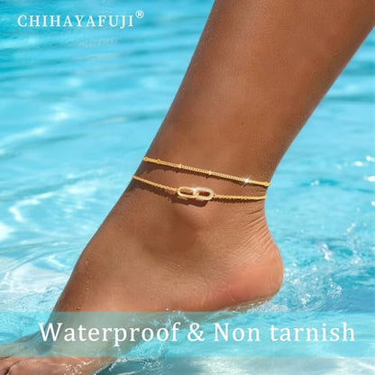 Sterling Silver Ankle Bracelets for Women 14k Gold Plated Waterproof Layered Stackable Bead Chain Infinity Charm Non Tarnish Large Adjustable Summer Party Beach Jewelry Gift - color: goldC