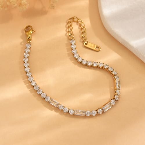 Tennis Bracelet for Women 18K Gold Plated White Red Green Black Blue Pink 3mm Cubic Zirconia Bracelet Dainty Diamond Adjustable Bracelet Trendy Jewelry Gift - color: White Tennis-Gold