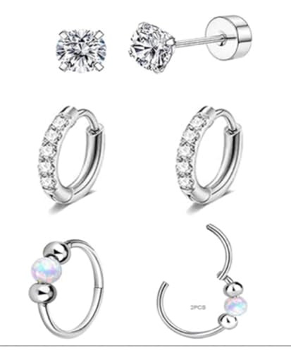 2PCS 18G Opal Cartilage Hoop Earrings, Hypoallergenic Silver Huggie Hoops | 316L Surgical Stainless Steel, 8mm 10mm sizes, hinged closure for easy wear, helix, tragus, conch, nose and daily styling - style: 3Pairs 8mm CZ Hoops Set