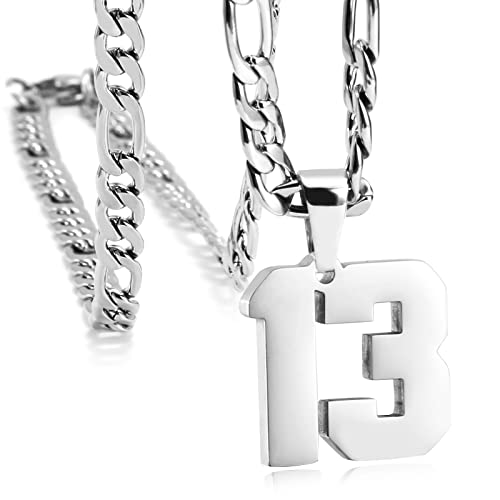 Personalized Number Necklaces for Mens,Stainless Steel Number Pendant Chain | Athletes Jersey Number Necklace;Baseball Basketball Football Sport Teams;Birthday Graduate Gift;Womens Mens Player - color: Silver, style: 13 Silver
