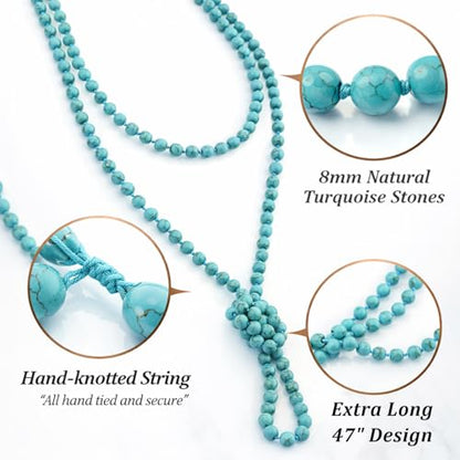 Sheplus Genuine Turquoise Long Beaded Necklace for Women, Boho Statement Layered Multi Strand Lariat Necklace, Handmade Western Jewelry Gift for Her