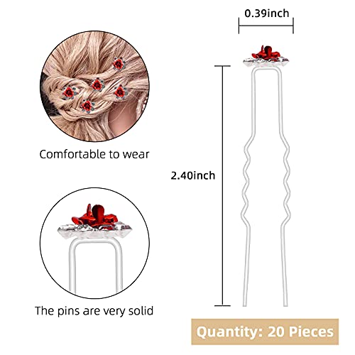 QIUTIMIY 20 Pack (Red) Crystal Hair Pins Rose Flower Rhinestone Hair Clips for Bridal Wedding Women Hair Jewelry Accessories, with Clear Container - color: Rose Flower-Red