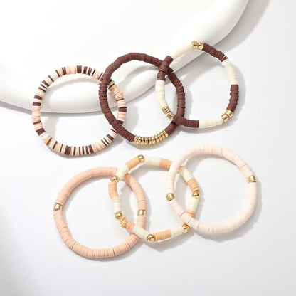 GOOJIDS Surfer Heishi Clay Bead Bracelets for Women Bohemian Stackable Gold Plated Beaded Stretch Bracelets Elastic Layering Friendship Bracelets Set Boho Jewelry - color: B-New Brown Color D