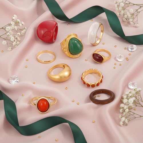 Chunky Gold Rings for Women Non Tarnish, Baroque Pearl Flower Tiger's Eye Stone Rings Adjustable Stacking Statement Rings Set Fashion Jewelry Gifts - style: Green/Red/Wood/Brown