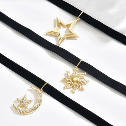 Gothic Moon Star Choker Necklace Black Velvet Choker Necklace Rhinestone Moon Pendant Necklace - color: Black Moon star choker