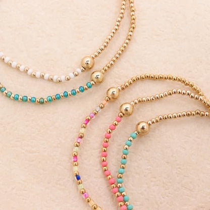 Gold Beaded Stackable Friendship Bracelets Set for Women, Handmade Boho Stretch Summer Jewelry Gift. - color: gold white green pink
