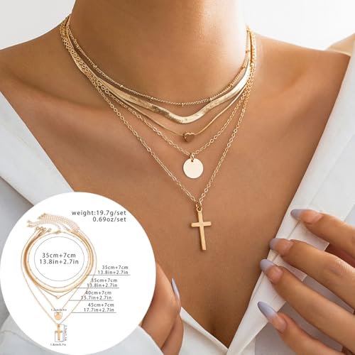 CSIYANJRY99 Layered Gold Necklaces for Women Chunky Gold Necklace Stack Layered Cuban Paperclip Snake Chain Necklace Retro Coin Dainty Pendant Toggle Clasp Necklace - style: Gold Cross Disc