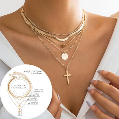 CSIYANJRY99 Layered Gold Necklaces for Women Chunky Gold Necklace Stack Layered Cuban Paperclip Snake Chain Necklace Retro Coin Dainty Pendant Toggle Clasp Necklace - style: Gold Cross Disc