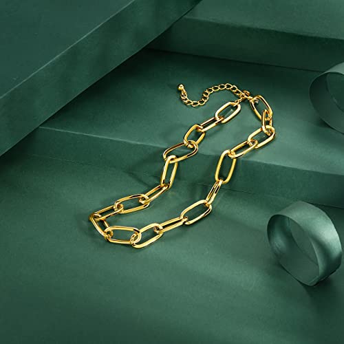 LANE WOODS Chunky Gold Necklace and Bracelet Set for Women, Paperclip Chain | Matching necklace and bracelet set, polished paperclip links, chunky statement style for layering, daily wear, and gifting - color: gold 15"Chain