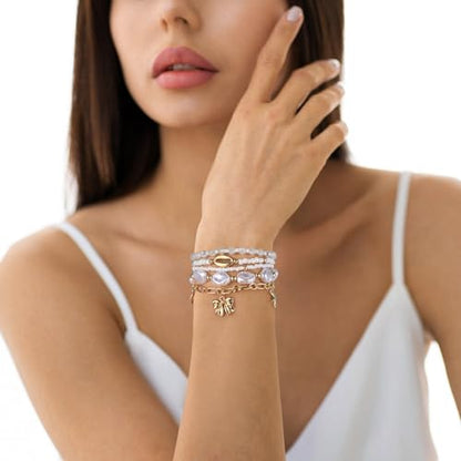 Summer Surfer Heishi Bracelet Set for Women Stackable Gold Plated Clay Ploymer Bead Stretch Pink Beach Layering Bracelets Jewelry - color: A-Q 5PCS