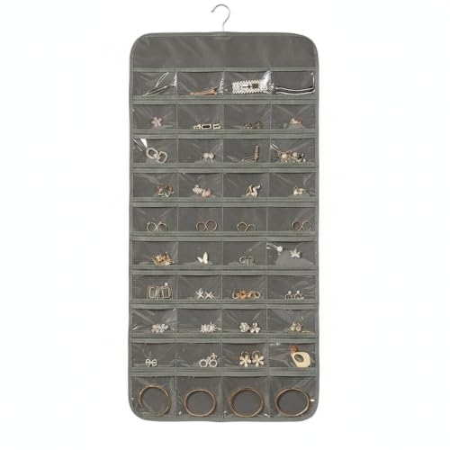 Hanging Jewelry Organizer, Vertical Closet Storage with Clear Pockets for Necklaces and Earrings, Polyester Roll-Up Bag (1 PC) - color: Gray