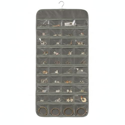 Hanging Jewelry Organizer, Vertical Closet Storage with Clear Pockets for Necklaces and Earrings, Polyester Roll-Up Bag (1 PC) - color: Gray