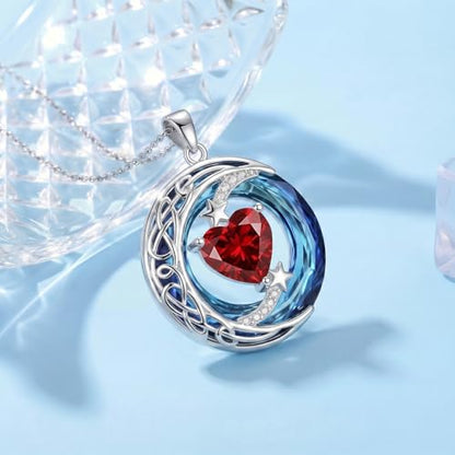 Birthstone Necklace for Women Crystal Moon and Star Pendant White Gold Celtic Moon Jewelry Birthday Graduation Gifts for Wife Her - style: Moon-1