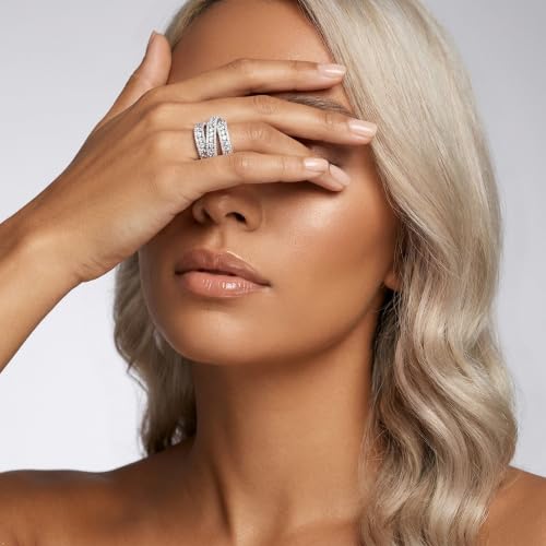 MDFUN Halo Eternity Rings Wedding Bands, 3 Rows Round Cut Cubic Zirconia Statement Rings, 18K White Gold/Yellow Gold Plated Wedding Band for Women Size 5-10 - color: White Gold