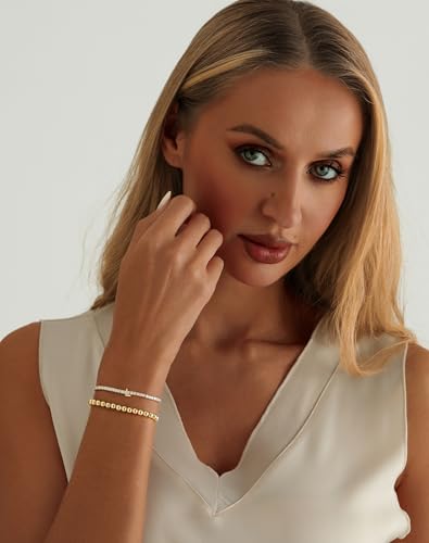 14K Gold Plated Bracelets for Women Dainty Tennis Initial Bracelet Trendy Beaded Stackable Charm Bracelets Layered Waterproof Bracelet Dainty Bracelet for Women Jewelry Gifts - style: L