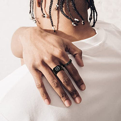 GoldChic Jewelry Personalized Signet Rings Men Women, Stainless Steel Custom Photo Bold Square/Oval Monogram/Old English Initial Pinky Stacking Statement Ring in Black/Silver/Gold (Size 7-14) - color: Black-Initial -Square