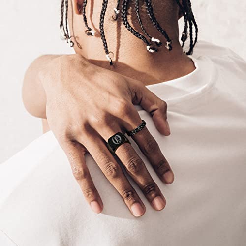 GoldChic Jewelry Personalized Signet Rings Men Women, Stainless Steel Custom Photo Bold Square/Oval Monogram/Old English Initial Pinky Stacking Statement Ring in Black/Silver/Gold (Size 7-14) - color: Black-Initial -Square