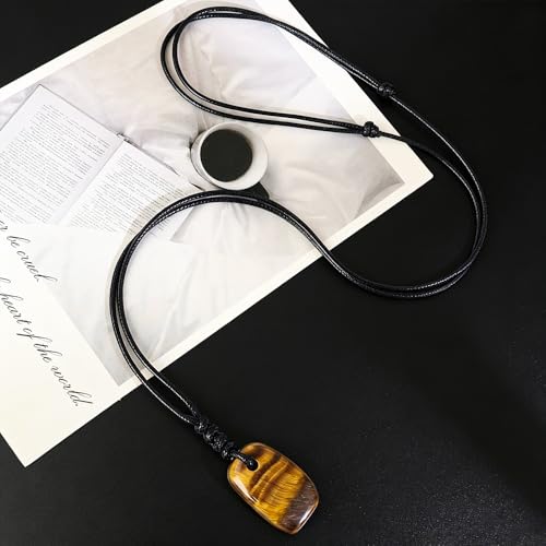 Natural Gemstone Pendant Necklace Healing Crystal Choker Necklace Adjustable Waxed Black Rope for Women Men - color: Tiger's Eye