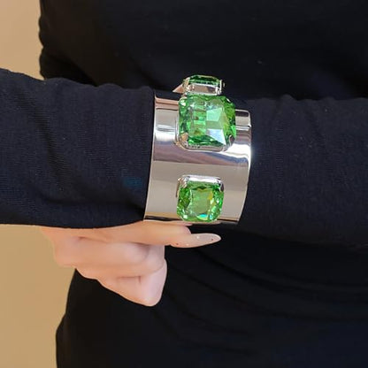Punk Square Crystal Open Bracelet for Women Fashion Wide Cuff Bangle Bracelets Shiny Rhinestone Rectangle Charm Bangle Geometric Statement Jewelry Gifts - color: Green