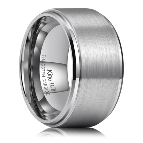 King Will Classic Tungsten Wedding Band for Men, 6/7/8/9/10mm Widths, Polished Finish Step Edge Matte Rings Comfort Fit - color: A-silver 12mm