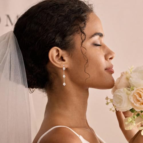 Earrings for Women - 14K Gold Plated Tassel Dangle Earrings | Leaf, Flower, Tassel Dangling Drop Earrings, Sparkling Wedding Bridal Prom Statement Jewelry Gift for Her - color: Silver Flower