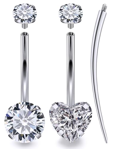 Oufksiyy Long and Extra Long Bar Belly Button Ring Internal Thread Hypoallergenic Surgical Stainless Steel 14mm 16mm 14 Gauge Navel Rings Cubic Zirconia Buuton Body Piercing Jewelry for Women Men - color: 14MM Round/Heart-shaped CZ Belly Button Ring