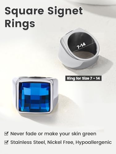 KeyStyle Square Gemstone Signet Rings for Men, Personalized Stainless Steel Pinky Ring with Black Onxy Blue Topaz Birthstone Statement Ring - color: 316L Stainless Steel- Blue Topaz-15mm