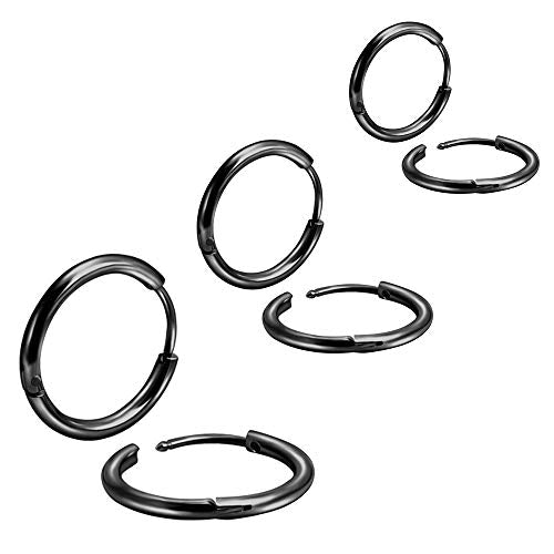 EACHLP Tiny Hoop Earrings 18K Real Gold Plating Surgical Steel Unisex - style: 6/8/10 Black