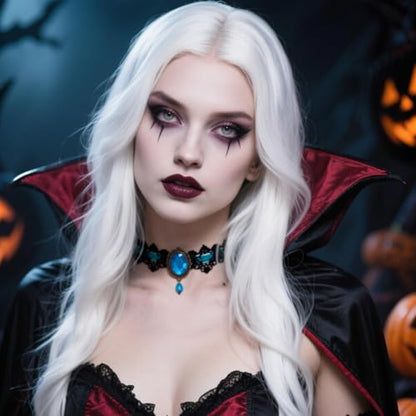 Gothic Lace Choker Vampire Necklace for Women,Black Lace Red Crystal Pendant Necklaces for Halloween,Goth Black Necklace Jewelry Witch Costume Vampire Accessories - style: Style Lake Blue