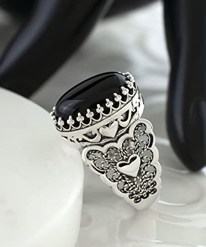 Filigranist 925 Sterling Silver Handcrafted Filigre Art Double Heart Detailed Women Cocktail Ring with Gemstones - color: Black Onyx
