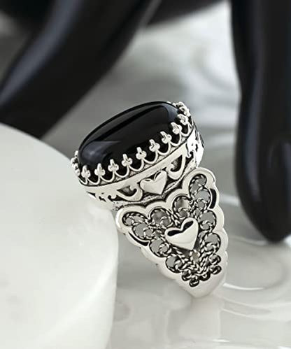 Filigranist 925 Sterling Silver Handcrafted Filigre Art Double Heart Detailed Women Cocktail Ring with Gemstones - color: Black Onyx