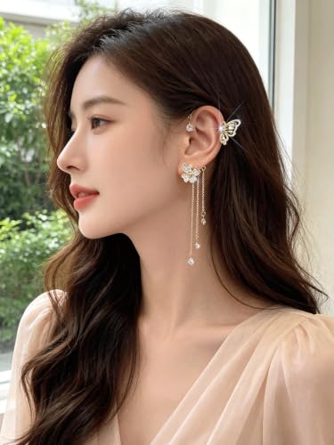 2Pcs Rhinestone Butterfly Earrings Ear Cuffs Non-Pierced Fake Earrings Butterfly Climber Wrap Around Earring Dainty Adjustable Ear Clip Jewelry for Women - color: Style1-gold